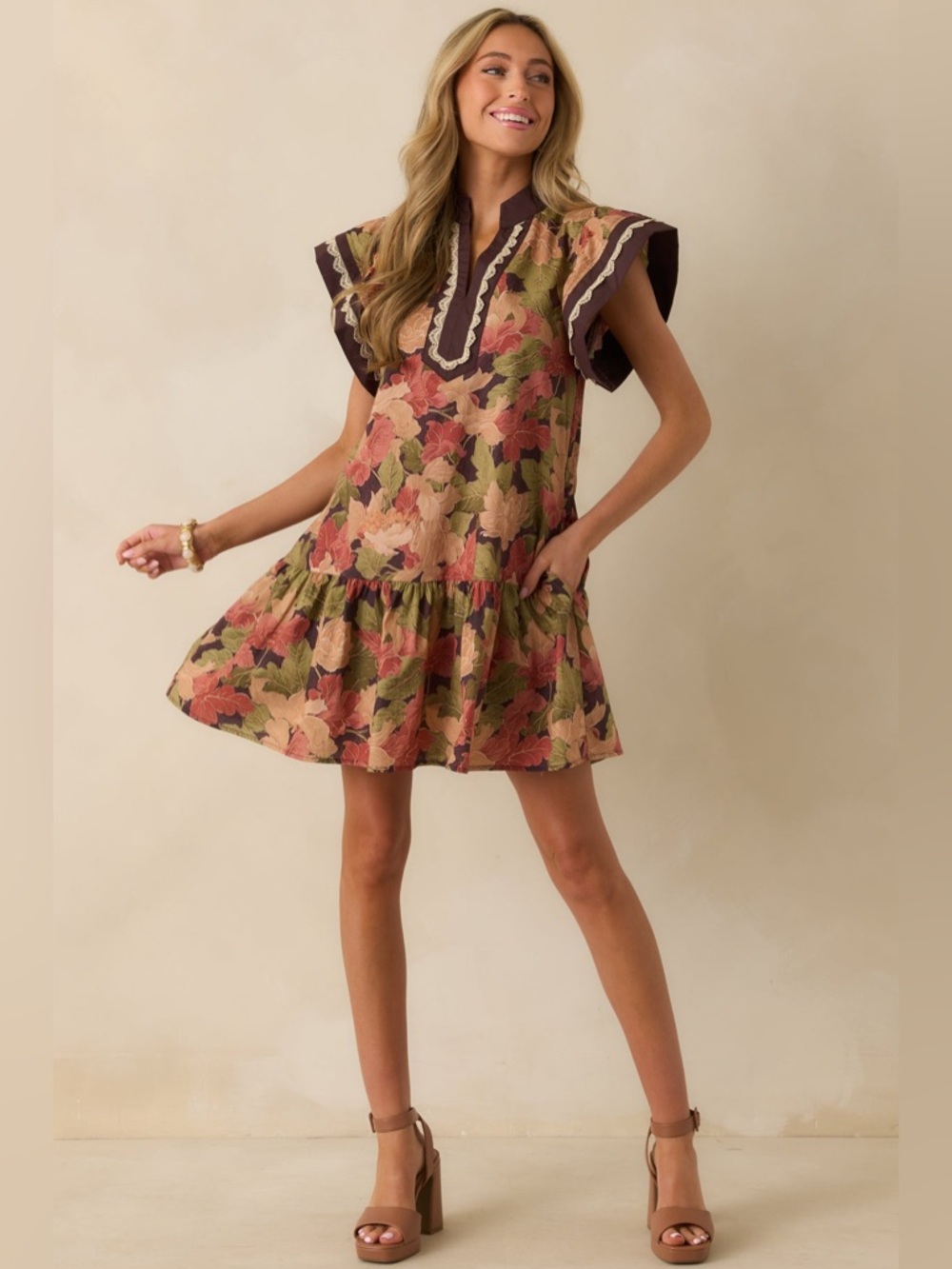 entro Floral Flutter Sleeve Tunic Dress - Brown, Olive, Dusty Rose - Picture 2 of 15